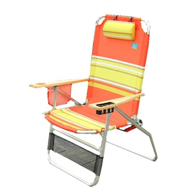 Wood Armrest Aluminium Frame Beach Chair in Stipe Fabric 