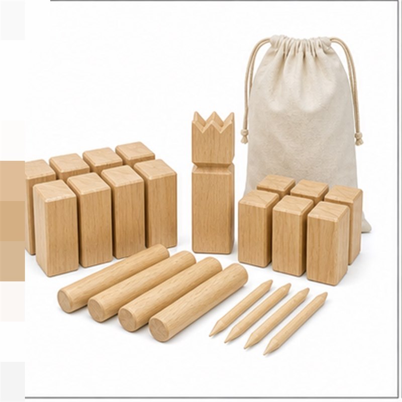 Wooden Kubb game set with king block and throwing batons for wholesale buyers