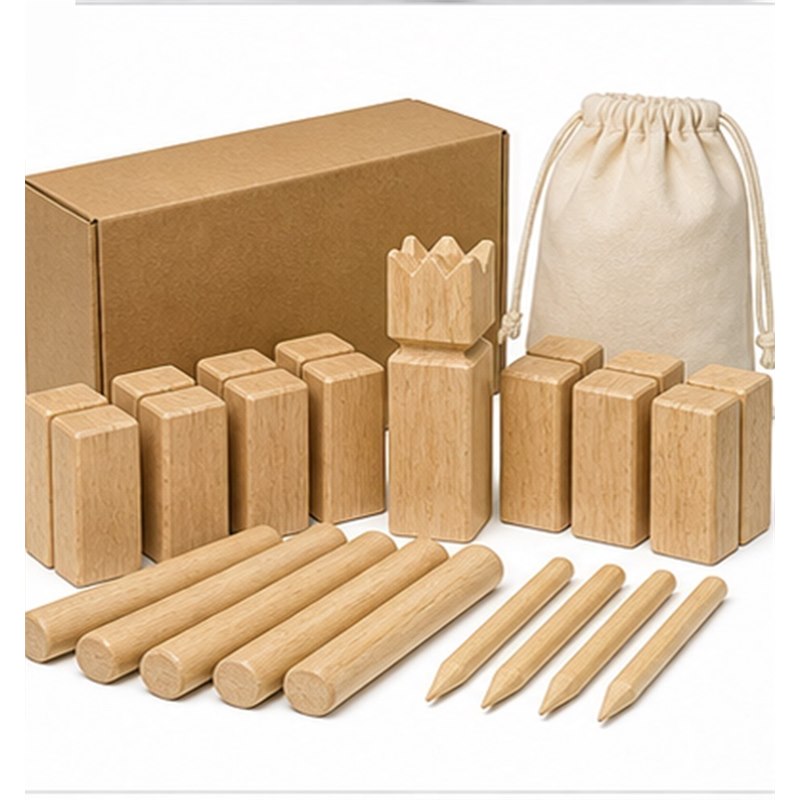 Drawstring bag and color box packaging for wooden Kubb game set OEM orders