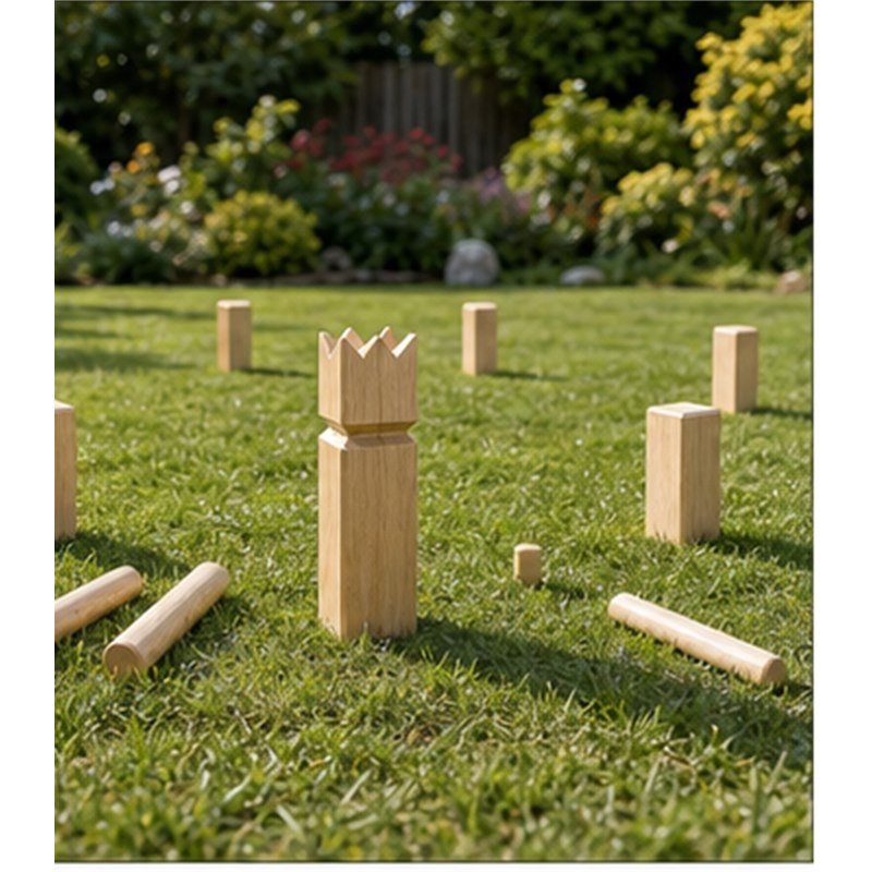 Wooden Kubb lawn game set displayed on grass for outdoor retail and family garden game programs